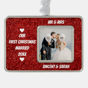 Unser First Christmas Custom Foto und Name Glitzer Rahmen-Ornament Silber