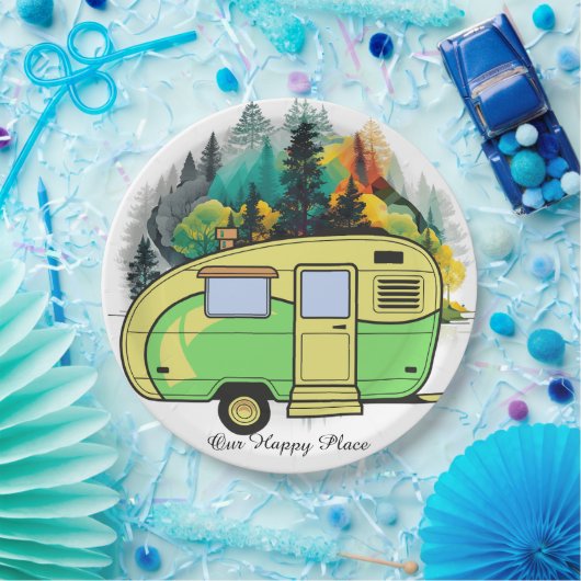 Unser glücklicher Ort. Retro-Camping-Papierplatte Pappteller (Party)