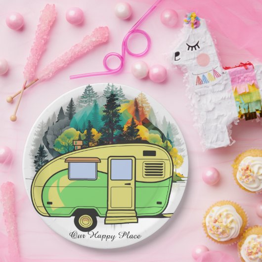 Unser glücklicher Ort. Retro-Camping-Papierplatte Pappteller (Party)