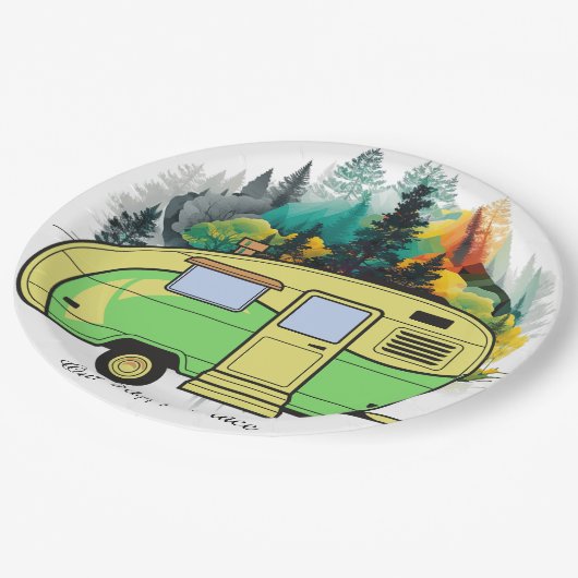 Unser glücklicher Ort. Retro-Camping-Papierplatte Pappteller (Schrägansicht)