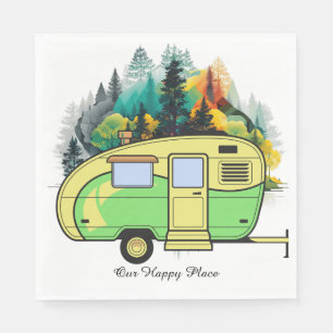 Unser glücklicher Ort. Retro-Camping-Papierplatte Serviette