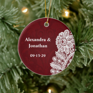 Unser Hochzeitburgundy Red Lace Damask Foto Keramik Ornament