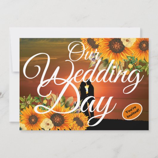 Unser Hochzeitstag Sonnenblume Sonnenuntergang Wei Einladung (Vorderseite)