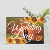 Unser Hochzeitstag Sonnenblume Sonnenuntergang Wei Einladung (Stehend Vorderseite)