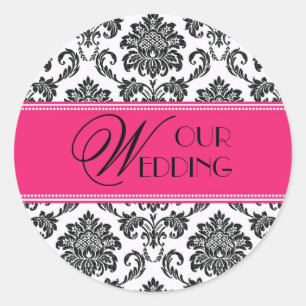 Unser Hochzeitsticker Fuchsia Orange Damask Runder Aufkleber