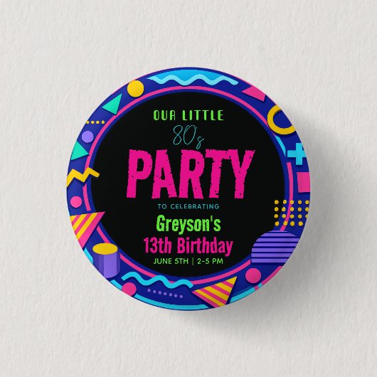 unser kleine Retro-Neon-80er-Geburtstagsfeier Button (Vorderseite)