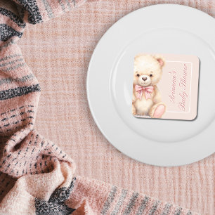 Unser kleiner Bär auf dem Weg Pink Bow Baby Shower Rechteckiger Pappuntersetzer