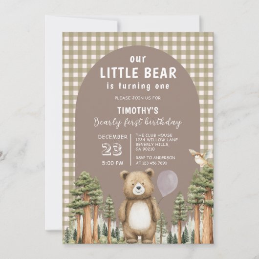 Unser kleiner Bär wird eins Wald Gingham Einladung (Vorderseite)