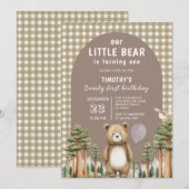 Unser kleiner Bär wird eins Wald Gingham Einladung (Vorne/Hinten)