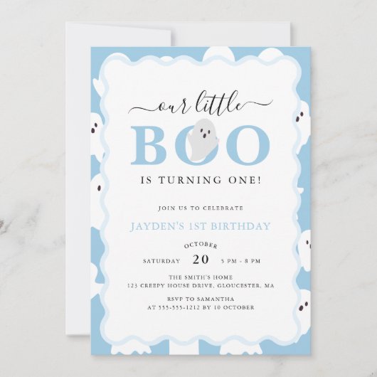 Unser kleiner Boo Blue Halloween Junge 1. Geburtst Einladung (Vorderseite)