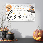 Unser kleiner Boo ist die Halloween-Kinderdusche Banner<br><div class="desc">Unser kleines Boo ist fast zu Halloween Aquarell Babydusche Teller. Dieses Design umfasst einen orangefarbenen Kürbisballon,  2 Gespenster und einen Hexenhut.</div>