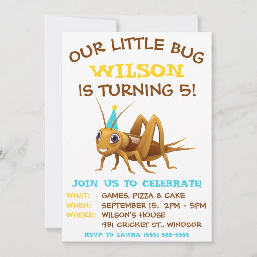 Unser kleiner Bug, Cricket, Geburtstagsparty Einladung (Vorderseite)