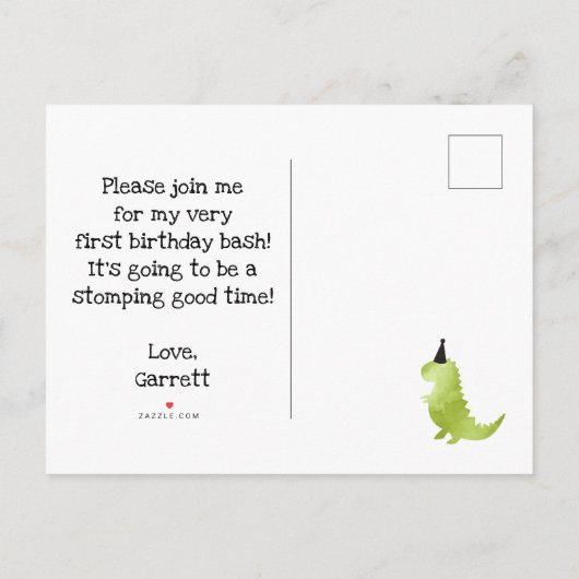 Unser kleiner Dino Birthday Green Dinosaur Theme B Einladungspostkarte (Rückseite)