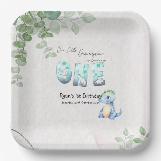Unser kleiner Dinosaurier macht einen 1. Geburtsta Pappteller (Vorderseite)