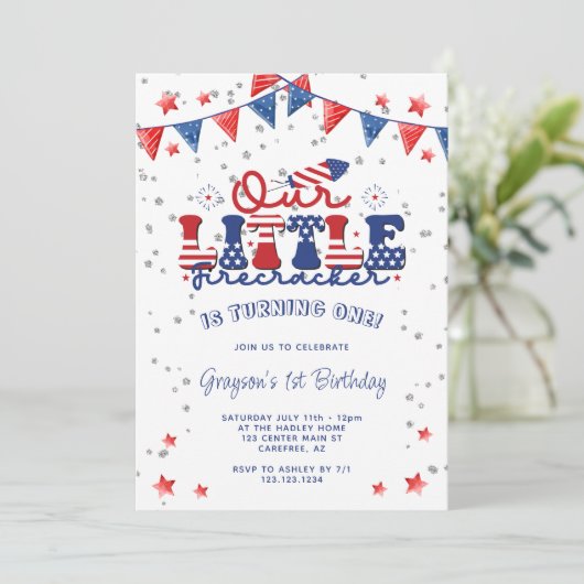 Unser kleiner Firecracker 1. Geburtstag Einladung (Stehend Vorderseite)