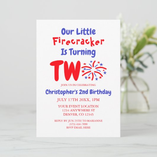 Unser kleiner Firecracker 2. Geburtstag Einladung (Stehend Vorderseite)