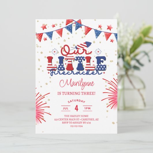 Unser kleiner Firecracker 3. Geburtstag Einladung (Stehend Vorderseite)