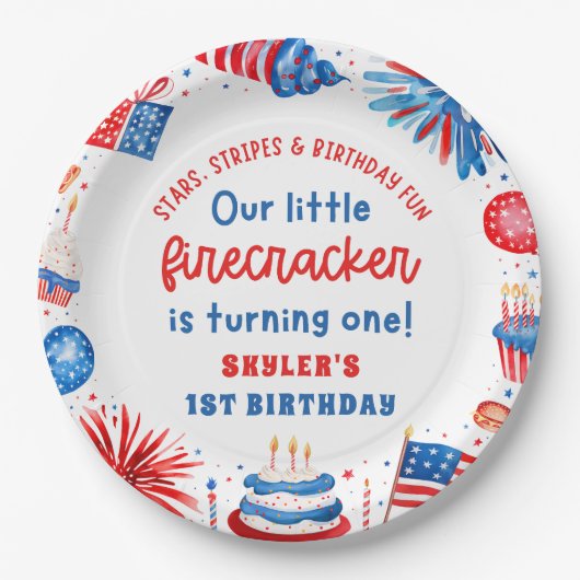 Unser kleiner Firecracker 4. Juli 1. Geburtstag Pappteller (Vorderseite)