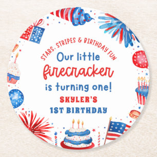 Unser kleiner Firecracker 4. Juli 1. Geburtstag Runder Pappuntersetzer