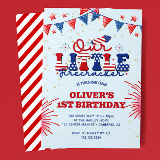 Unser kleiner Firecracker Blue 1. Geburtstag Einladung