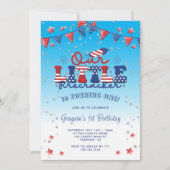 Unser kleiner Firecracker Boy Blue 1. Geburtstag Einladung (Vorderseite)