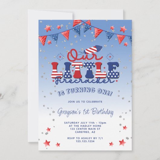 Unser kleiner Firecracker Junge erster 1. Geburtst Einladung (Vorderseite)