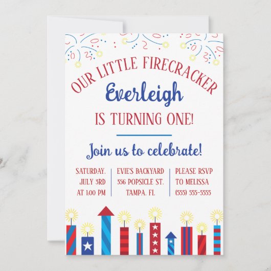 Unser kleiner Firecracker macht eins! Geburtstag Einladung (Vorderseite)