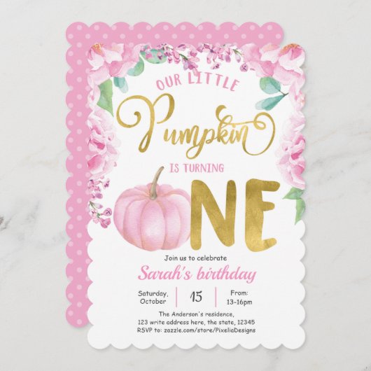 Unser kleiner Kürbis, Herbstfall Mädchen 1. Geburt Einladung (Vorne/Hinten)