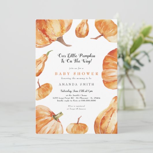 Unser kleiner Kürbis ist auf dem Weg zur Babydusch Einladung (Stehend Vorderseite)