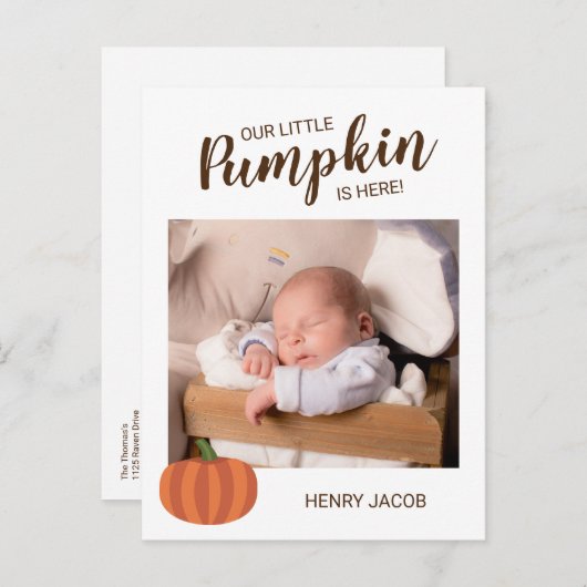 Unser kleiner Kürbis ist hier Herbst-Geburtserklär Postkarte (Vorne/Hinten)