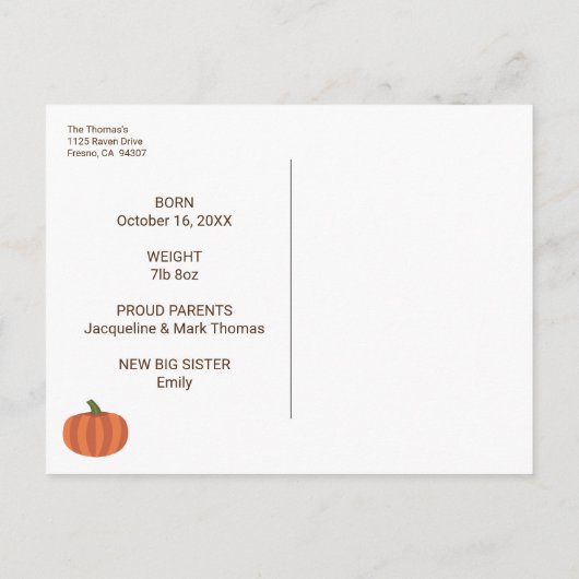 Unser kleiner Kürbis ist hier Herbst-Geburtserklär Postkarte (Rückseite)