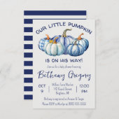 Unser kleiner Kürbis ist unterwegs, blaue Baby-Dus Einladung (Vorne/Hinten)