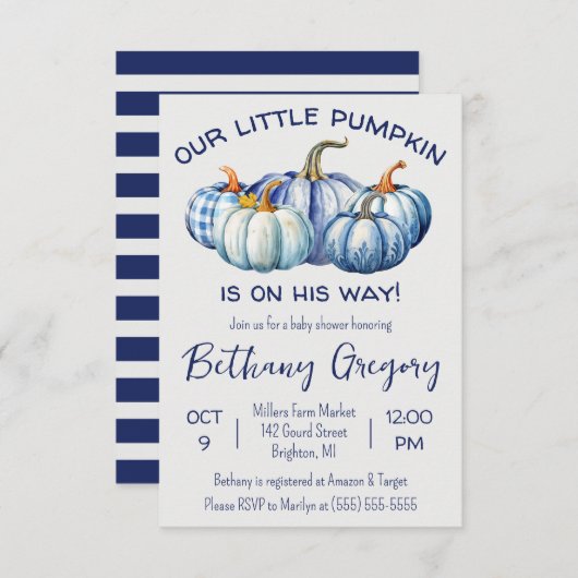 Unser kleiner Kürbis ist unterwegs, blaue Baby-Dus Einladung (Vorne/Hinten)