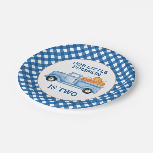 Unser kleiner Kürbis ist zwei blaue LKW, 2. Geburt Pappteller (Schrägansicht)