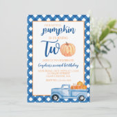 Unser kleiner Kürbis ist zwei blaue LKW zum 2. Geb Einladung (Stehend Vorderseite)
