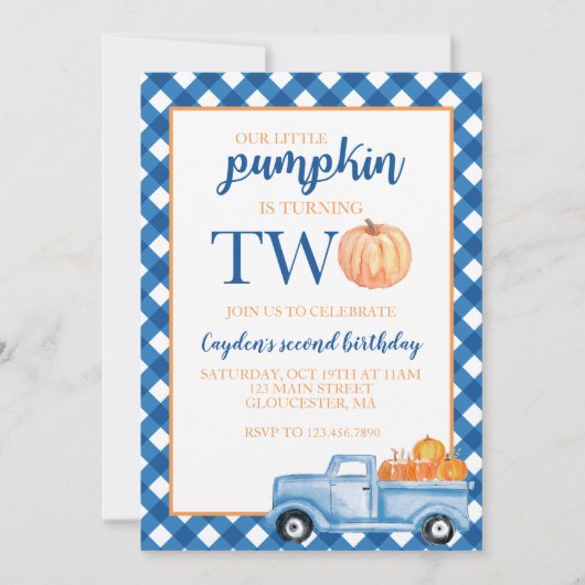 Unser kleiner Kürbis ist zwei blaue LKW zum 2. Geb Einladung (Vorderseite)