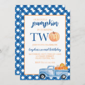 Unser kleiner Kürbis ist zwei blaue LKW zum 2. Geb Einladung (Vorne/Hinten)