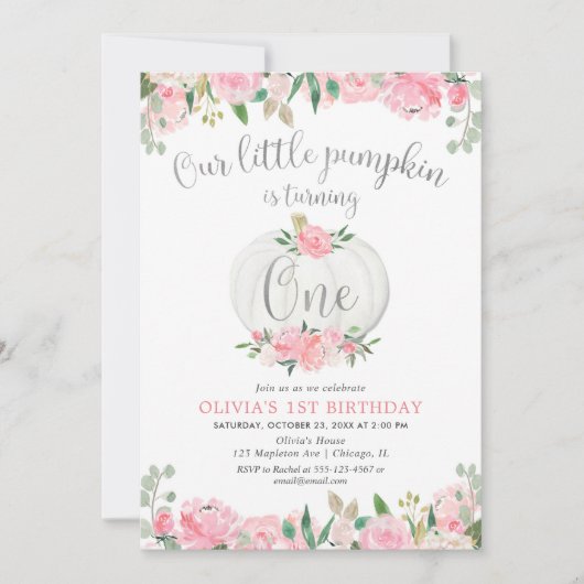 Unser kleiner Kürbis pink silber florale 1. Geburt Einladung (Vorderseite)