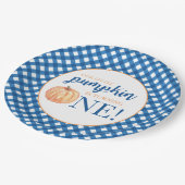 Unser kleiner Kürbisblau karierter erster Geburtst Pappteller (Schrägansicht)