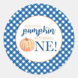 Unser kleiner Kürbisblau karierter erster Geburtst Runder Aufkleber