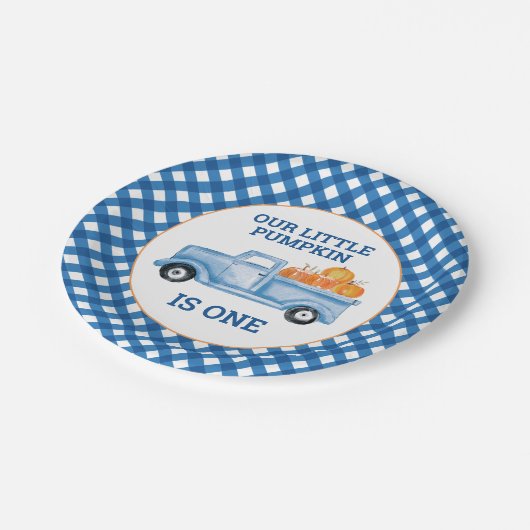 Unser kleiner Kürbisblauer LKW zum ersten Geburtst Pappteller (Schrägansicht)