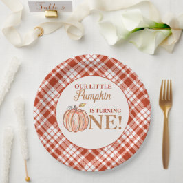 Unser kleiner Kürbisblumenrot kariert 1. Geburtsta Pappteller