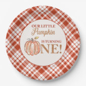 Unser kleiner Kürbisblumenrot kariert 1. Geburtsta Pappteller (Vorderseite)