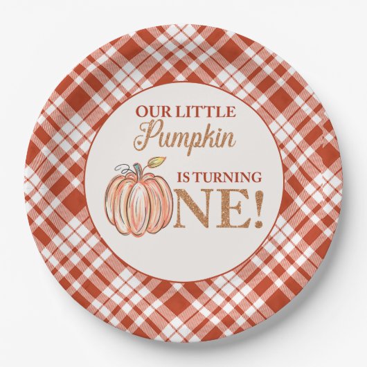 Unser kleiner Kürbisblumenrot kariert 1. Geburtsta Pappteller (Vorderseite)