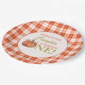 Unser kleiner Kürbisblumenrot kariert 1. Geburtsta Pappteller (Schrägansicht)