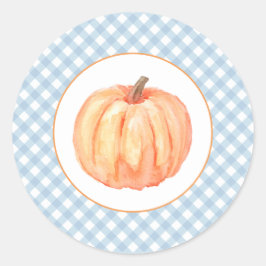 Unser kleiner Kürbiscreme blau kariert ersten Gebu Runder Aufkleber