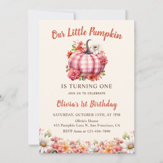 Unser kleiner Kürbispink Karierter Blumengeburt Einladung (Vorderseite)
