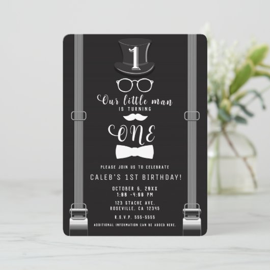 Unser kleiner Mann Hipster Suspendierer 1. Geburts Einladung (Stehend Vorderseite)