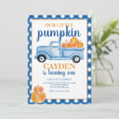 Unser kleiner Pumpkin Blue LKW Fall Geburtstag Einladung (Stehend Vorderseite)