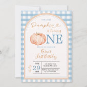 Unser kleiner Pumpkin Boho Blue Gingham 1. Geburts Einladung (Vorderseite)